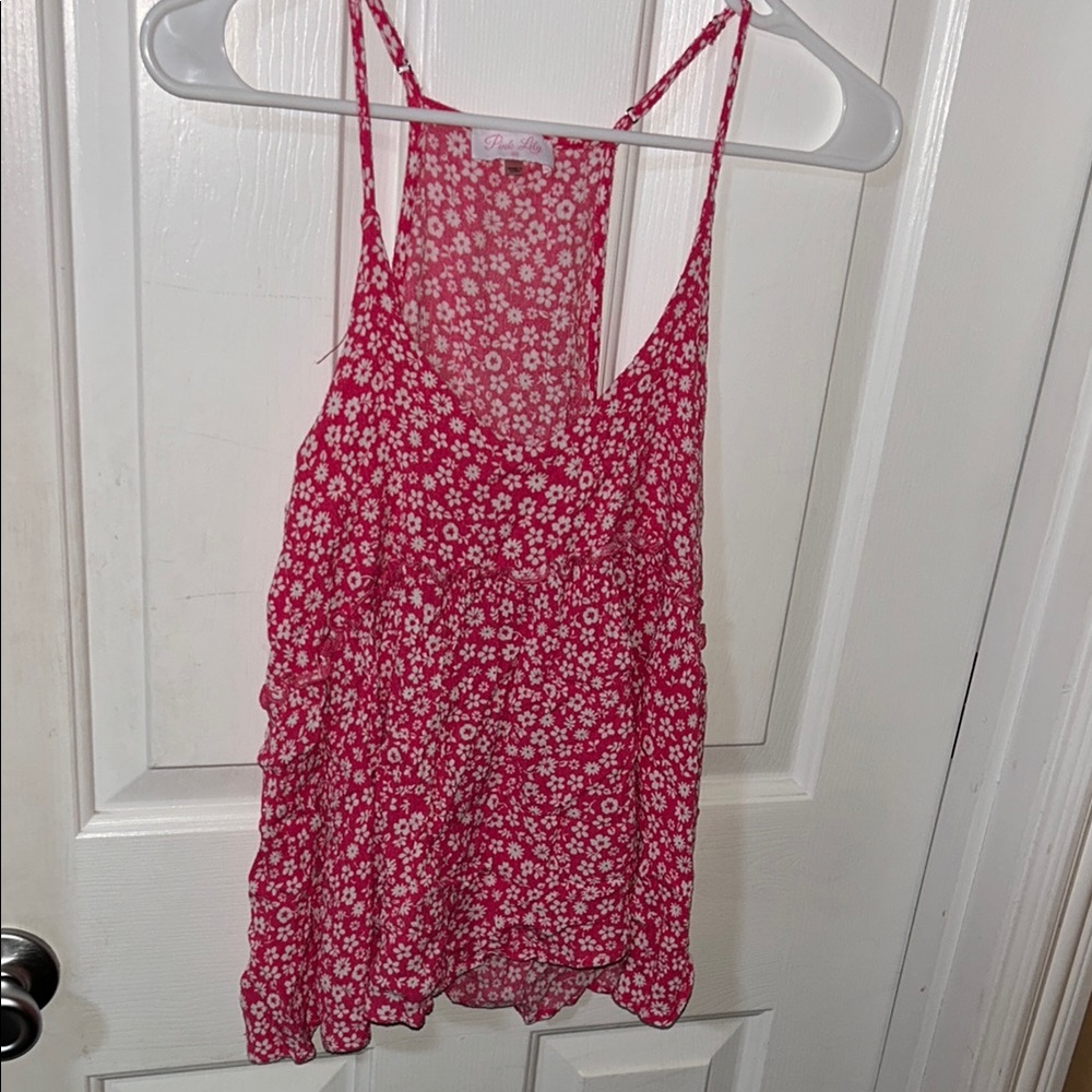 Pink Lily Red Floral Tank Top
